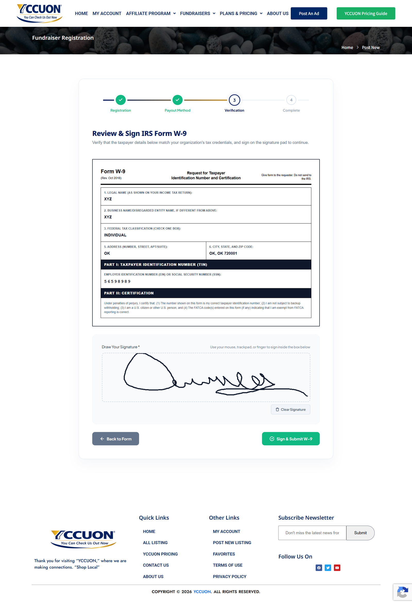 Live View - Interactive W-9 Signature Canvas Pad